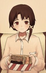 Rule 34 | 1girl, absurdres, asymmetrical hair, box, brown eyes, brown hair, buttons, closed mouth, commentary, cookie, english commentary, food, hair ornament, highres, holding, holding box, iwakura lain, looking at viewer, luce65535, pajamas, pink pajamas, pov, sepia, sepia background, serial experiments lain, short hair, single sidelock, sitting, smile, solo, upper body, x hair ornament