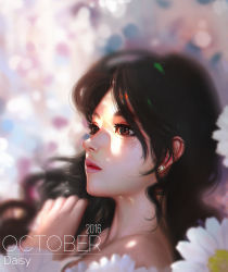 Rule 34 | 10s, 1girl, 2016, bare shoulders, black hair, brown eyes, flower, fringe trim, liang xing, lips, long hair, looking to the side, nose, portrait, shadow, solo, sunlight
