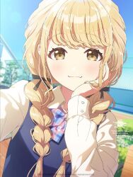 Rule 34 | 1girl, :3, blonde hair, blue sweater vest, blush, bow, bowtie, braid, chain-link fence, copyright notice, cropped, fence, fujita kotone, gakuen idolmaster, hair ribbon, hand on own cheek, hand on own face, hatsuboshi gakuen school uniform, highres, idolmaster, light smile, long hair, long sleeves, looking at viewer, official art, outdoors, plaid, plaid bow, plaid bowtie, ribbon, school uniform, selfie, shirt, solo, sweater vest, twin braids, upper body, white shirt, yellow eyes