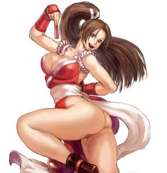 Rule 34 | 1girl, arm behind back, ass, breasts, brown eyes, brown hair, cleavage, cowboy shot, curvy, fatal fury, folded fan, folding fan, hand fan, head tilt, hip focus, huge ass, large breasts, long hair, pelvic curtain, ponytail, revealing clothes, shiranui mai, simple background, smile, solo, standing, standing on one leg, tabi, teeth, thick thighs, thighs, upper teeth only, white background, wide hips