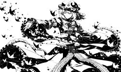 Rule 34 | 1girl, bug, butterfly, closed eyes, dancing, female focus, frills, greyscale, hat, high contrast, insect, japanese clothes, kimono, monochrome, outstretched arms, outstretched hand, rella, saigyouji yuyuko, short hair, smile, solo, spread arms, touhou, wide sleeves