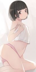 Rule 34 | 1girl, black hair, blunt bangs, breasts, brown eyes, camisole, closed mouth, highres, hiroki (yyqw7151), looking at viewer, navel, original, panties, pink panties, short hair, sitting, small breasts, solo, stomach, thighs, underwear, white camisole