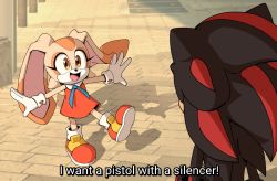 Rule 34 | 1boy, 1girl, :d, brown eyes, child, commentary, cream the rabbit, dress, english commentary, english text, furry, furry female, furry male, gloves, highres, kiikoi11, looking at another, open mouth, parody, rabbit girl, red dress, shadow, shadow the hedgehog, smile, sonic (series), spy x family, standing, standing on one leg, subtitled, white gloves