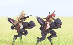Rule 34 | 2girls, alternate costume, automatic rifle, awsaedmd, blonde hair, breasts, brown footwear, clear sky, closed mouth, commentary, double bun, dragoon (girls&#039; frontline), english commentary, girls&#039; frontline, grass, green eyes, gun, hair bun, highres, holding, holding sword, holding weapon, large breasts, long hair, long sleeves, looking ahead, m1918 (girls&#039; frontline), m1918 bar, machine gun, multiple girls, open mouth, outdoors, pink hair, pleated skirt, riding, riding machine, rifle, robot, skirt, sky, sword, weapon, mauser 98, wz.29 (girls&#039; frontline)