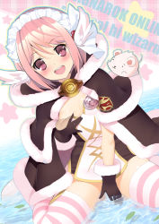 Rule 34 | 1girl, :d, blush, cape, female focus, gloves, head wings, high wizard (ragnarok online), kaede (sayappa), looking at viewer, mouse (animal), open mouth, partially submerged, pink eyes, pink hair, pink thighhighs, ragnarok online, short hair, sitting, smile, solo, striped clothes, striped thighhighs, tarou (ragnarok online), thighhighs, wariza, water, wings