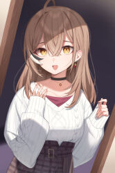 Rule 34 | 1girl, absurdres, ahoge, aotake iro, belt, berry, black choker, brown eyes, brown hair, brown skirt, choker, commentary, crossed bangs, doorway, earrings, empty eyes, english commentary, food-themed earrings, highres, hololive, hololive english, jewelry, long hair, looking at viewer, multicolored hair, nail polish, nanashi mumei, nanashi mumei (casual), necklace, official alternate costume, plaid, plaid skirt, pleated skirt, red shirt, shadow, shirt, skirt, sleeves past wrists, smile, streaked hair, sweater, virtual youtuber, white sweater