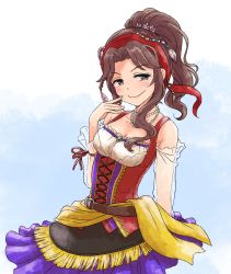 Rule 34 | 1girl, ariura kanna, bare shoulders, belt, blush, bracelet, brown eyes, brown hair, buckle, day, detached sleeves, dress, flower (symbol), glint, highres, idolmaster, idolmaster cinderella girls, jewelry, jewelrylong hair, long sleeves, multicolored clothes, multicolored dress, necklace, non-web source, outdoors, pendant, pirate costume, ponytail, smile, solo, unyon