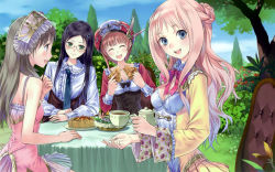 Rule 34 | 4girls, aged down, astrid zexis, atelier (series), atelier meruru, atelier rorona, atelier totori, bare shoulders, black hair, blue eyes, blue necktie, blunt bangs, bow, braid, breasts, brown eyes, brown hair, center frills, chair, cleavage, closed eyes, coffee cup, corset, cup, day, disposable cup, dress, eating, facing viewer, female focus, food, french braid, frilled cuffs, frilled shirt collar, frills, game cg, glasses, green eyes, grey eyes, grey hair, hair ornament, hat, highres, holding, holding cup, kishida mel, leaning to the side, long hair, long sleeves, looking at viewer, merurulince rede arls, multiple girls, neck ruff, necktie, official art, official wallpaper, open mouth, outdoors, parted bangs, pie, pink dress, pink hair, rororina fryxell, see-through silhouette, short hair, sitting, sleeve cuffs, small breasts, smile, spaghetti strap, table, tea, teacup, teapot, totooria helmold, tree, wallpaper