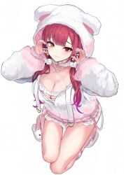 1girl animal_hood bear_hood breasts cleavage dress full_body harusame349 hololive hood hood_up houshou_marine jacket large_breasts long_hair red_eyes red_hair simple_background solo virtual_youtuber white_background white_dress white_jacket yellow_eyes