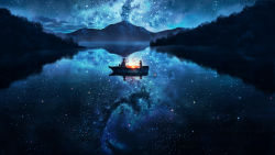 Rule 34 | 1boy, 1girl, absurdres, blue theme, boat, dark, from behind, highres, lake, lantern, looking at another, mountain, natsu (hottopeppa3390), nature, night, night sky, original, outdoors, reflection, scenery, sitting, sky, star (sky), starry sky, watercraft