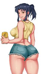 Rule 34 | 1girl, alternate hairstyle, ass, beer can, blush, breasts, brown eyes, can, collar, cytoscourge, drink can, drunk, highres, katsuragi misato, large breasts, looking at viewer, looking back, mature female, neon genesis evangelion, ponytail, purple hair, seductive smile, shirt, shorts, sideboob, sleeveless, sleeveless shirt, smile, solo, thick thighs, thighs, third-party edit