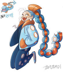 Rule 34 | 1girl, artist name, blue hair, blue jacket, braid, creatures (company), earrings, fangs, full body, game freak, gen 3 pokemon, hair ornament, hair ribbon, hands in pockets, huntail, jacket, jewelry, long braid, long hair, looking at viewer, low-tied long hair, moemon, multi-tied hair, nintendo, open mouth, orange ribbon, personification, pokedex number, pokemon, ribbon, simple background, solo, tamtamdi, very long hair, white background