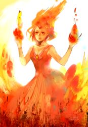 Rule 34 | 1girl, adventure time, bare shoulders, breasts, cartoon network, cleavage, crying, crying with eyes open, dated, dress, fengta, fire, flame princess, forehead jewel, gown, princess, signature, solo, tears