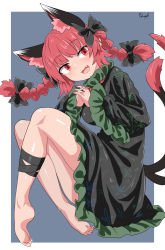Rule 34 | 1girl, :3, :d, animal ear fluff, animal ears, barefoot, black bow, black dress, border, bow, braid, cat ears, cat tail, chups, dress, fang, frilled sleeves, frills, from side, full body, grey background, hair bow, highres, kaenbyou rin, leg ribbon, long sleeves, looking at viewer, medium hair, nail polish, nekomata, open mouth, own hands clasped, own hands together, red eyes, red hair, red nails, ribbon, side braids, signature, simple background, smile, solo, tail, touhou, twin braids, white border, wide sleeves