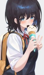 Rule 34 | 1girl, backpack, bag, biting, black sweater, blue eyes, blush, buttons, collar, commentary request, food, hachinatsu, hair between eyes, hands up, holding food, holding ice cream, ice cream, ice cream cone, looking at viewer, medium hair, mole, open mouth, original, red ribbon, ribbon, school uniform, serafuku, shirt, short sleeves, sidelocks, simple background, smile, solo, sweater, teeth, upper body, upper teeth only, v, white background, white collar, white shirt