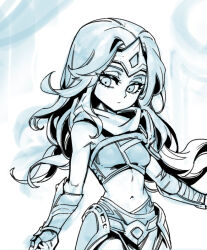 Rule 34 | 1girl, bare shoulders, belt, breasts, closed mouth, cowboy shot, crop top, detached sleeves, forehead protector, grey background, greyscale, league of legends, long hair, monochrome, navel, phantom ix row, single shoulder pad, sivir, small breasts, solo, white background