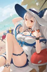 Rule 34 | 1girl, absurdres, arknights, arm up, bare shoulders, blue bow, blue shorts, bow, bracelet, breasts, cleavage, collarbone, cooler, cup, day, drinking glass, feet out of frame, grey hair, hat, highres, infection monitor (arknights), inflatable orca, inflatable toy, jewelry, knee up, large breasts, long hair, looking at viewer, mountainous horizon, ocean, off shoulder, official alternate costume, outdoors, parted lips, red eyes, shirt, short sleeves, shorts, sitting, skadi (arknights), skadi (waverider) (arknights), solo, styx mo yu, sun hat, sunglasses, thigh strap, unworn eyewear, very long hair, white hat, white shirt