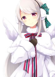 Rule 34 | 1girl, blush, bow, brown gloves, capelet, closed mouth, commentary, dress, earmuffs, elu (5th costume) (nijisanji), elu (nijisanji), fur-trimmed capelet, fur-trimmed sleeves, fur trim, gloves, green bow, grey hair, hair bow, head tilt, long hair, long sleeves, maccha, nijisanji, red bow, red eyes, red ribbon, ribbon, simple background, smile, solo, striped bow, striped ribbon, upper body, very long hair, virtual youtuber, white background, white capelet, white dress, white wings, wide sleeves, wings