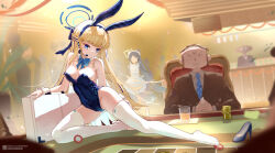 Rule 34 | 2boys, 2girls, absurdly long hair, android (blue archive), animal ears, apron, aris (blue archive), aris (maid) (blue archive), doodle sensei (blue archive), ass, bare shoulders, black hair, blonde hair, blue archive, blue bow, blue eyes, blue leotard, blue necktie, blurry, bound, bow, braid, breasts, business suit, casino, casino card table, chair, cleavage, collarbone, commentary request, depth of field, detached collar, faceless, faceless female, fake animal ears, formal, frilled apron, frills, full body, hair between eyes, hairband, halo, headset, highleg, highleg leotard, highres, holding, holding suitcase, indoors, interlocked fingers, kneeling, leotard, liwendala, long hair, looking at another, maid, maid apron, maid headdress, medium breasts, multicolored hair, multiple boys, multiple girls, nail polish, necktie, official alternate costume, official alternate hairstyle, own hands clasped, own hands together, parted bangs, playboy bunny, poker chip, poker table, ponytail, rabbit ears, sensei (blue archive), short sleeves, sidelocks, single braid, sleeveless, solo focus, strapless, strapless leotard, streaked hair, suit, suitcase, table, thighhighs, tied up (nonsexual), toes, toki (blue archive), toki (bunny) (blue archive), two-tone hair, very long hair, white apron, white thighhighs