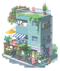 Rule 34 | 3others, air conditioner, awning, balcony, blue flower, box, building, bunting, chair, closed eyes, clothes hanger, commentary request, cup, drainpipe, drinking glass, flower, flower pot, fujiwara (fujiwara43), holding, holding watering can, hose, isometric, lounge chair, morning glory, multiple others, original, outdoors, parasol, pig, pillow, pink flower, plant, potted plant, purple flower, railing, red flower, signature, sitting, standing, tree, umbrella, unworn shirt, vines, watering can, window