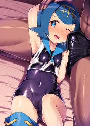 Rule 34 | 1boy, 1girl, abs, alternate color, arm behind head, arm up, armpits, bed sheet, black male swimwear, black swim briefs, blue eyes, blue hair, blue sailor collar, blush, breasts, bright pupils, bulge, cameltoe, clothes pull, covered navel, creatures (company), erection, erection under clothes, game freak, hairband, hand on another&#039;s head, handjob, handjob over clothes, hetero, highres, lana (pokemon), looking at viewer, lying, male swimwear, navel, nintendo, on back, one-piece swimsuit, one eye closed, open mouth, pants, pants pull, penis, pokemon, pokemon sm, sailor collar, saliva, satou kuuki, school swimsuit, see-through, shiny clothes, shiny skin, shirt, short hair, size difference, skin tight, sleeveless, small breasts, smile, solo focus, steam, sweat, swim briefs, swimsuit, swimsuit under clothes, wet, wet clothes, wet shirt