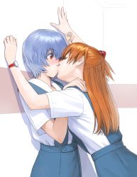 Rule 34 | 2girls, against wall, arm up, ayanami rei, bandaid, bandaid on hand, blouse, blue hair, blue skirt, blush, brown hair, buttons, colored eyelashes, commentary request, from side, hair between eyes, hair ornament, hand on another&#039;s shoulder, hand up, holding another&#039;s wrist, interface headset, kabedon, kiss, leaning forward, long hair, looking at another, multiple girls, neon genesis evangelion, pale skin, pleated skirt, profile, red eyes, school uniform, shadow, shirt, short hair, short sleeves, skirt, souryuu asuka langley, standing, surprise kiss, surprised, suspender skirt, suspenders, tokyo-3 middle school uniform, two side up, upper body, watanabe yasuaki, watch, white shirt, wide-eyed, wristwatch, yuri