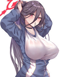 Rule 34 | 1girl, black hair, blue archive, bra visible through clothes, breasts, gym shirt, gym uniform, hair between eyes, hair tie in mouth, halo, hasumi (blue archive), hasumi (track) (blue archive), highres, huge breasts, long bangs, long hair, long sleeves, looking at viewer, mole, mole under eye, mouth hold, red eyes, shirt, simple background, solo, standing, track suit, tying hair, upper body, very long hair, white background, white shirt, yukishiro arte