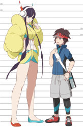Rule 34 | 1boy, 1girl, age difference, asymmetrical footwear, bag, black hair, blue eyes, blue jacket, blue nails, brown eyes, brown hair, closed mouth, commentary request, creatures (company), elesa (pokemon), game freak, grey shorts, handbag, height chart, height difference, jacket, looking at another, mismatched footwear, mizuno (pixiv31352320), nail polish, nate (pokemon), nintendo, pokemon, pokemon bw2, puffer coat, red nails, shoes, short hair, short hair with long locks, shorts, sidelocks, size comparison, size difference, smile, sneakers, tall female, uneven footwear, visor cap, watch, wristwatch, yellow jacket