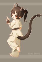 Rule 34 | 1girl, absurdres, ahoge, artist name, barefoot, black hair, chinese commentary, commentary request, dougi, dragon girl, dragon tail, fang, full body, grey background, high ponytail, highres, horns, kuma-bound, medium hair, open mouth, original, pants, red eyes, simple background, smile, soles, solo, standing, standing on one leg, tail, toes, white pants