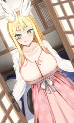 Rule 34 | 1girl, barcode, barcode tattoo, blonde hair, blush, breasts, cleavage, collarbone, commission, doorway, dress, facial tattoo, feathered wings, foreshortening, green eyes, hair between eyes, head tilt, head wings, highres, indoors, large breasts, long dress, long hair, long sleeves, looking at viewer, low neckline, smile, solo, straight hair, tail, tattoo, twin (tt lsh), wings