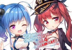 Rule 34 | 2girls, :d, ahoge, azur lane, black jacket, blue hair, blush, breasts, chestnut mouth, chibi, cleavage, commentary request, crossed arms, elbow gloves, gloves, hair ornament, highres, honolulu (azur lane), jacket, jacket over shoulder, unworn jacket, long hair, looking at viewer, medium breasts, multiple girls, nijihashi sora, one eye closed, one side up, open mouth, parted lips, purple eyes, red eyes, red hair, smile, st. louis (azur lane), translation request, twintails, white gloves