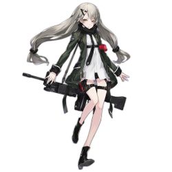 Rule 34 | 1girl, ammunition box, armband, belt, bipod, black scarf, carrying, carrying over shoulder, eyebrows, full body, girls&#039; frontline, green jacket, grey hair, gun, h&amp;k mg4, hair ornament, hairclip, heckler &amp; koch, holster, jacket, light machine gun, long hair, looking at viewer, machine gun, mg4 (girls&#039; frontline), necktie, neco, official art, parted lips, personification, scarf, shirt, shorts, skinny, solo, standing, standing on one leg, star (symbol), star print, strap, symbol, thigh holster, transparent background, twintails, weapon, white shirt, yellow eyes