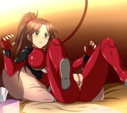Rule 34 | 10s, 1girl, anus, ass, bed, blush, bodysuit, breasts, brown eyes, brown hair, censored, covered erect nipples, guilty crown, impossible clothes, large breasts, leash, legs, long hair, looking away, lying, pillow, ponytail, pussy, shinomiya ayase, simple background, solo, spec (artist), spread legs, thighs, torn clothes