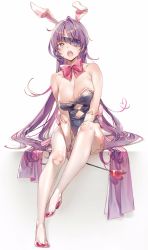 Rule 34 | 1girl, animal ears, blush, bow, bowtie, breasts, cleavage, collarbone, dsmile, elbow gloves, eyepatch, fake animal ears, gloves, heart, high heels, leotard, long hair, looking at viewer, mirai nikki, open mouth, playboy bunny, purple eyes, purple hair, rabbit ears, simple background, solo, staff, thighhighs, uryuu minene, white background, white gloves, white thighhighs