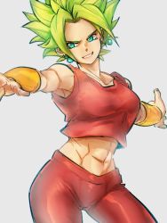 Rule 34 | 1girl, abs, armpit peek, arms at sides, bracelet, breasts, clenched teeth, collarbone, cowboy shot, crop top, dragon ball, dragon ball super, earrings, eyelashes, fingernails, frown, green eyes, green hair, grey background, grin, head tilt, jewelry, kefla (dragon ball), kemachiku, large breasts, looking away, midriff, muscular, muscular female, outstretched arms, pants, parted lips, potara earrings, red pants, short hair, simple background, sleeveless, smile, solo, spiked hair, stomach, super saiyan, teeth, v-shaped eyebrows, very short hair