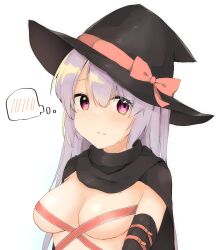 Rule 34 | 1girl, absurdres, ayachi nene, belt bra, black cloak, black hat, blush, bow, breasts, cleavage, cloak, closed mouth, embarrassed, eyelashes, eyes visible through hair, frown, grey hair, hair between eyes, hat, hat bow, highres, large breasts, long hair, looking at viewer, pink bow, purple eyes, sanoba witch, simple background, solo, spoken blush, straight hair, sweatdrop, thought bubble, upper body, white background, witch hat, yuuhodesu