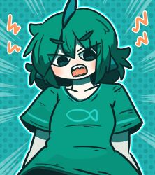 Rule 34 | 1girl, animal print, blue background, blue eyes, collarbone, commentary request, emphasis lines, fish print, fuka-chan, green hair, green shirt, hair between eyes, highres, open mouth, original, polka dot, polka dot background, print shirt, sharp teeth, shirt, short eyebrows, short sleeves, solo, teeth, thick eyebrows, uni souchou, v-shaped eyebrows