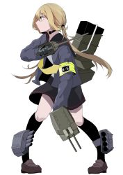 Rule 34 | 1girl, absurdres, armband, black thighhighs, blonde hair, blue jacket, brown footwear, daigaku jitome, dual wielding, from side, highres, holding, holding turret, jacket, kantai collection, loafers, long hair, looking to the side, low twintails, neckerchief, satsuki (kancolle), satsuki kai ni (kancolle), school uniform, serafuku, shoes, simple background, solo, thighhighs, torpedo tubes, turret, twintails, white background, yellow neckerchief