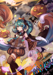 Rule 34 | 1girl, absurdly long hair, absurdres, aqua eyes, aqua hair, bat (animal), candy, character name, commentary, detached sleeves, flower, food, green eyes, hair between eyes, hair ornament, hatsune miku, highres, holding, long hair, looking at viewer, necktie, pumpkin, rose, shorts, sleeveless, solo, star (symbol), striped clothes, striped necktie, striped neckwear, striped thighhighs, thighhighs, twintails, very long hair, vocaloid, yan ge