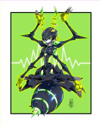 Rule 34 | absurdres, bug, digimon, digimon (creature), exermon, green eyes, highres, lotus position, multiple arms, pied-piper1997, yellow eyes