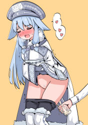Rule 34 | 1girl, ainu clothes, black legwear, blue hair, blue headwear, blue pubic hair, blush, breasts, cape, closed eyes, clothes pull, cup, embarrassed, fate (series), fur-trimmed cape, fur collar, fur trim, hair flaps, hair ornament, hat, heart, highres, leg warmers, long hair, long sleeves, multicolored cape, multicolored clothes, open mouth, pants, pants pull, pee, peeing, peeing in cup, pom pom (clothes), pom pom hair ornament, pubic hair, rune (dualhart), shaking, simple background, sitonai (fate), small breasts, standing, sweat, sweatdrop, thighs, very long hair, wide sleeves, yellow background