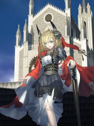 Rule 34 | 1girl, blonde hair, blue eyes, braid, breasts, cape, church, commentary request, dress, feet out of frame, fuhak, grey dress, hair between eyes, headgear, highres, holding, holding scepter, long bangs, long hair, looking at viewer, medium breasts, open mouth, original, red cape, scepter, side braid, single braid, smile, solo, two-sided cape, two-sided fabric, white cape