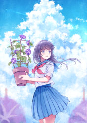 Rule 34 | 1girl, blue eyes, blue skirt, blue sky, closed mouth, cloud, cloudy sky, commentary request, day, flower, flower pot, holding, holding flower, holding flower pot, long sleeves, looking to the side, morning glory, nagidango, neckerchief, original, outdoors, pleated skirt, purple hair, red neckerchief, revision, school uniform, serafuku, shirt, short sleeves, skirt, sky, solo, standing, white shirt, wind