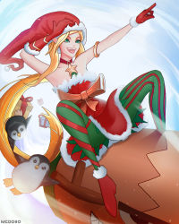 Rule 34 | 1girl, ambitious elf jinx, blonde hair, boots, bow, choker, christmas, christmas tree, gloves, hat, highres, jinx (league of legends), league of legends, long hair, mcdobo, pointy ears, ribbon, santa hat, skirt, thighhighs