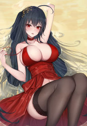 Rule 34 | 1girl, ahoge, azur lane, bare shoulders, black hair, black thighhighs, blush, breasts, choker, cleavage, cocktail dress, collarbone, commentary request, dress, hair between eyes, hair ornament, highres, large breasts, long hair, looking at viewer, lying, navel, official alternate costume, on back, parted lips, pulling own clothes, red choker, red dress, red eyes, revision, sherryqq, solo, strap pull, taihou (azur lane), taihou (forbidden feast) (azur lane), thighhighs, thighs, very long hair, water