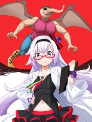 Rule 34 | .live, 1girl, 1other, blush, carro pino, collarbone, commentary request, glasses, hat, highres, kihonmuryou, lab coat, long hair, looking at viewer, navel, purple eyes, purple hair, red background, smile, virtual youtuber, wings