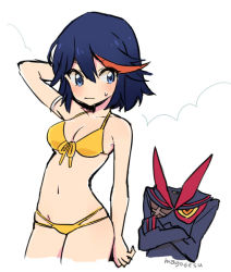 Rule 34 | 1girl, arm behind head, bikini, black hair, blue eyes, breasts, cleavage, closed mouth, crossed arms, expressive clothes, hair between eyes, kill la kill, looking to the side, mago, matoi ryuuko, multicolored hair, navel, red hair, senketsu, short hair, simple background, standing, streaked hair, sweatdrop, swimsuit, symbol-only commentary, white background, yellow bikini