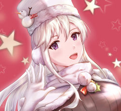 Rule 34 | 1girl, absurdres, azur lane, breasts, christmas, coat, dutch angle, earmuffs, enterprise (azur lane), enterprise (reindeer master) (azur lane), fangxingdeyinxue, gloves, hair between eyes, highres, large breasts, long hair, looking at viewer, official alternate costume, open mouth, purple eyes, red background, santa costume, scarf, snowman hair ornament, solo, star (symbol), upper body, white gloves, white santa costume, white scarf, winter clothes, winter coat