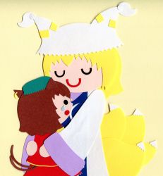 Rule 34 | 2girls, absurdres, animal ears, animal hat, blonde hair, brown hair, cat ears, cat tail, chen, closed eyes, dress, earrings, fox tail, green hat, happy, hat, highres, hug, jewelry, long sleeves, mob cap, multiple girls, multiple tails, open mouth, paper (medium), papercraft (medium), poru (tohopunk), red vest, short hair, simple background, single earring, smile, tabard, tail, tears, touhou, two tails, unconventional media, upper body, vest, white dress, wide sleeves, yakumo ran, yellow background