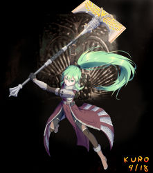 Rule 34 | &gt;:), 1girl, absurdres, aqua hair, arm guards, armor, axe, belt, black background, black gloves, boots, brown footwear, closed mouth, destiny (game), fighting stance, full body, fur trim, gauntlets, gloves, green eyes, green hair, highres, holding, holding weapon, huge weapon, knee boots, kuroda kuwa, leg up, loincloth, long hair, looking at viewer, matching hair/eyes, original, outstretched arm, pocket, ponytail, pouch, shoulder pads, sidelocks, smile, solo, v-shaped eyebrows, very long hair, warlock (destiny), weapon